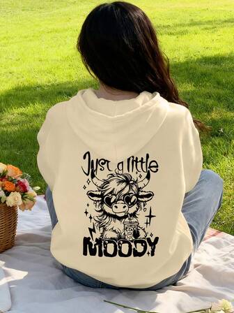 Women's Plus Size Loose Casual Wear, Cartoon Cow, Heart-Shaped Sunglasses, English "Just A Little" And "MOODY" Printed Patterns, Drawstring Brim Design Is Fashionable And Versatile, Suitable For Autumn And Winter Wear, Is The Ideal Choice For Women's Sports And Casual Wear.
