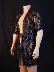 Men's Sexy Bathrobes, Lace See-Through 2-Piece Set, Valentine's Day Gifts, Date Outfits - 黑色 - 查看 4