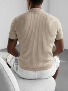 Men's Ribbed Airplane Collar Polo Knit Shirt, Short Sleeve, Summer Fashion - Apricot - View 4