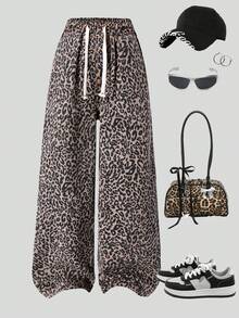 少女Y2K休闲宽松高腰阔腿豹纹牛仔裤，配蝴蝶结抽绳腰带，秋冬街头风，返校季、圣诞节和万圣节，豹纹裤 - 咖啡棕 - 查看 1