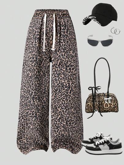 Tween Girl Y2K Casual Loose High Waist Wide Leg Leopard Print Jeans With Bow Drawstring Waist, Autumn/Winter Street Wear, Back To School, Christmas & Halloween, Leopard Pants
