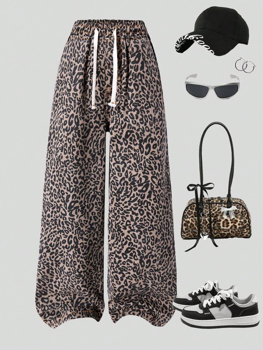 少女Y2K休闲宽松高腰阔腿豹纹牛仔裤，配蝴蝶结抽绳腰带，秋冬街头风，返校季、圣诞节和万圣节，豹纹裤 - 咖啡棕 - 查看 1