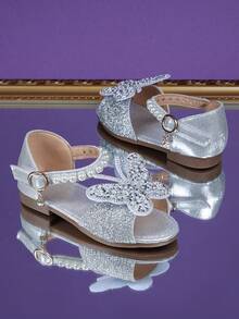 1双时尚百搭女童珍珠水钻蝴蝶结装饰可爱平底凉鞋，圆头设计，适合日常穿着、跳舞、户外活动，亮片装饰闭趾公主鞋，春秋季款 - 銀色 - 查看 2