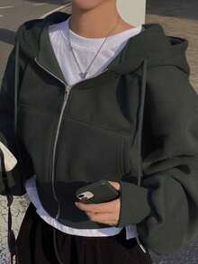 Y2k New Years Women ,Solid-Color, Fashionable And Casual Fall Wear, Women's Street Style Added Warmth Hooded Sweatshirt, Chic, Christmas - Dark Green - View 3