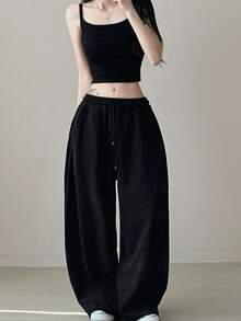 舒适百搭印花休闲阔腿裤 - 黑色 - 查看 2