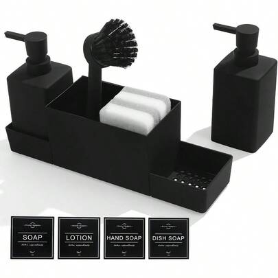 Kitchen Soap Dispenser Set With Sponge Caddy And Brush Holder Dish Soap And Hand Soap Dispenser For Kitchen Countertop Sink Organiser Black 4 In 1