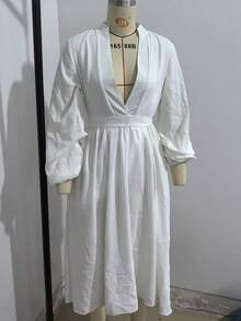 2025 New Women's Sexy V-Neck Long Sleeve Midi Dress - Belted, Solid Color Pleated Maxi Gown For Elegant Prom - 白色 - 查看 4
