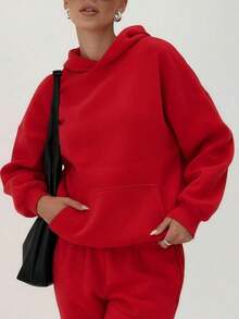 HoodieClean Fit,Warmth,Oversized Fit&Long Length,Women's Pocket Long Sleeve Hoodie For Fall/Autumn&Winter,Minimalist,Baggy Drop Shoulder,Fall Autumn Clothes For Women,Winter Clothes For Women, Tops For Women,Red,Chic,Hoodies Hoodie For WomenLoose And Comfortablewinter Clothes For Women Hoodies For Women - Đỏ - Xem 5