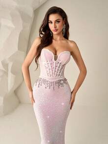 Novo vestido de noite formal sem alças, sexy e elegante, estilo sereia, com lantejoulas, missangas e franjas, adequado para festa de aniversário, receção de casamento, jantar formal, evento de tapete vermelho, gala, baile de caridade de luxo - Baby Rosa - Ver 4