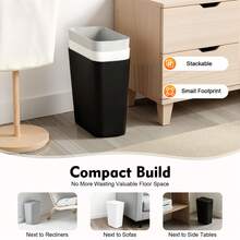 Set Of 3 Trash Cans With Push-To-Close Lids (8.74 X 6.18 Inches) High-Quality PP Waste Bins Ideal For Bathroom, Kitchen, Office (Black/White/Gray) - 彩色 - 查看 5