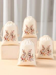 6个复活节礼品袋，兔子花环图案棉质束口袋，复活节派对回礼包装，化妆舞会装饰DIY工艺品纪念品，首饰袋，适合装复活节礼物、生日礼物、复活节派对回礼、日常收纳 - 花兔子 - 查看 4