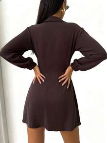 Deep Brown Satin V-Neck Dress, Metal Heart Buckle Waist Slit Skirt, Sexy Commuter Niche Design Dress For Women - Burgundy - View 2