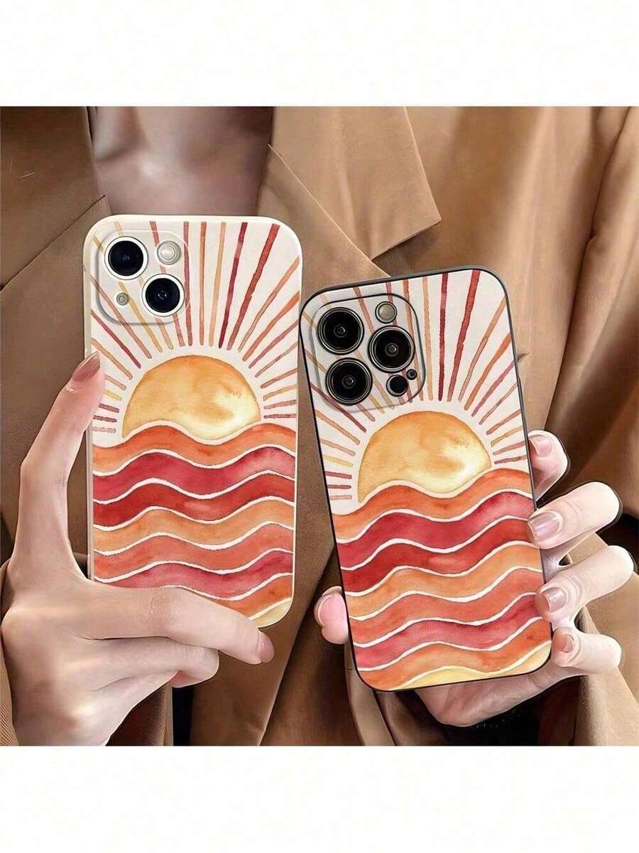 Diseño de arte de ondas solares vibrantes y encantadoras para funda, a prueba de golpes con protección de lente, compatible con 1112131415 Pro MaxPlus - Multicolor - Ver 1