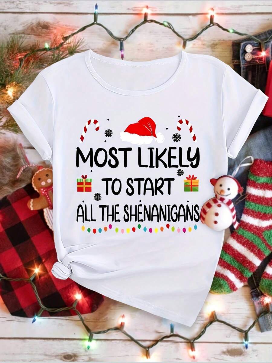 Women's Christmas Cotton T-Shirt with Santa Hat, Candy Cane & Gift Print, Short Sleeve Round Neck Tee for Festive & Daily Wear, Machine Washable Regular Fit, Holiday Casual Tee - Blanco - Ver 1