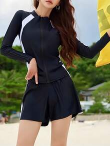 四件套女士黑白极简拉链长袖泳衣，沙滩冲浪打底裤，运动文胸，速干短裤，复古保守运动泳装套装，适合骑行和游泳 - 黑與白 - 查看 5