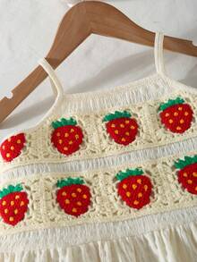 少女草莓针织图案荷叶边吊带背心搭配阔腿裤，时尚休闲装扮 - 杏色 - 查看 3