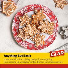 Glad - Platos de papel desechables con diseño de copo de nieve rojo navideño resistentes aptos para microondas 10 pulgadas 20 unidades - rojo - Ver 5