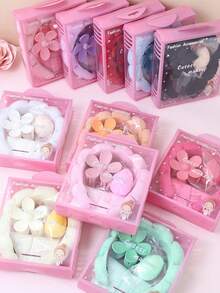 5件套女孩海绵SPA头带洗脸腕带，配大花朵发爪夹礼盒，面部发带发饰套装，精美礼盒包装，适合派对送礼和日常使用。 - 彩色 - 查看 2
