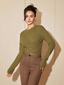 Women's Crew Neck Long Sleeve Ruched Fitted Elegant Charming Sweater - Olive Green - View 3
