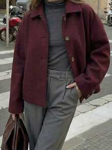 女士时尚休闲法式设计单排扣短款宽领羊毛大衣 - 酒紅色 - 查看 5
