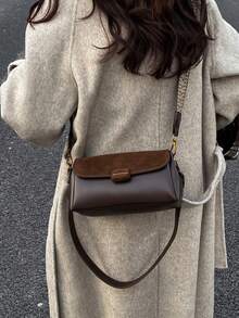 Women's Square Bag, Fashionable Minimalist Elegant Suede With PU Leather Flap Crossbody Bag - Coffee - View 5