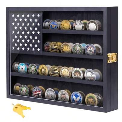 WSXC Military Challenge Coin Display Case 16 X12 Wooden American Flag Medal Shadow Box With Anti-Fade UHD Acrylic Door Gold-Antitheft Lock 2 Groove Shelves And Wall Mount Black184