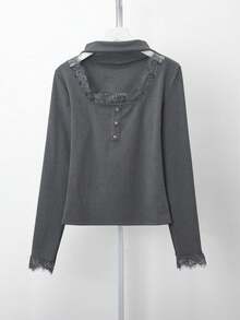 Soulscape 法式优雅黑色蕾丝长袖T恤，女士高端叠穿上衣，春季款 - 灰色 - 查看 3