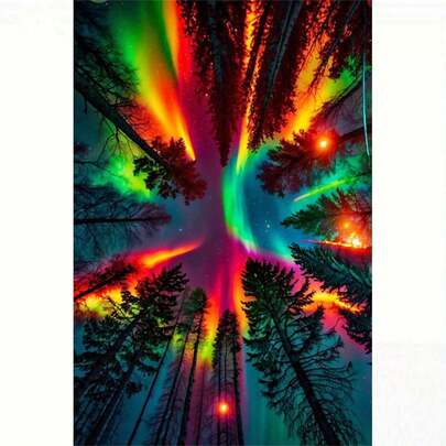 1套5D DIY钻石画套装 - 梦幻极光森林钻石画，全钻DIY手工钻石刺绣墙面艺术装饰，适用于客厅卧室、圣诞节装饰