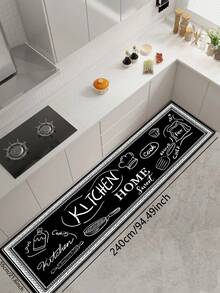 1pc Silica Gel Kitchen Mat, Hand-Drawn Chalkboard Style Kitchen-Themed Pattern: Black Background With White Line Drawings Of Chef Hat, Frying Pan, Spice Bottles, Flour Bag Etc., Complemented By "KITCHEN" And "HOME Sweet" Text, Cushioned Anti-Fatigue Kitchen Carpet With Fabric Surface And Sponge Absorbent Material