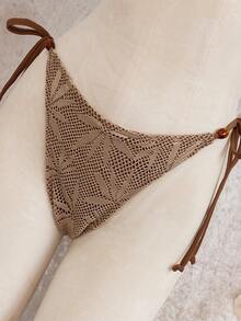 Novo conjunto de Maiô Bikini triângulo sexy com folha de tela e alça de pescoço com contas, roupa de banho de resort de praia com saia envolvente - Castanho - Visão 6