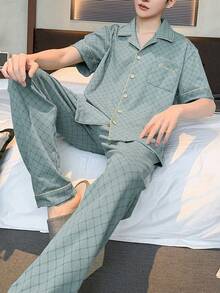 Men Plaid Print Contrast Piping Top & Pants PJ Set - Green - View 4