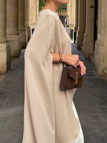 Beige Asymmetric Cape Sleeve Top | Minimalist Loose Fit Blouse For Office & Brunch - Apricot - View 8