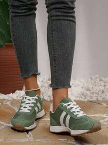 Women's New Green & White Striped Casual Sports Outfit, Retro Fresh Style Suitable For Spring & Autumn, Striped Patchwork Design Simple & Eye-Catching, Suitable For Daily Wear, Sports Patchwork Lace-Up Homewear