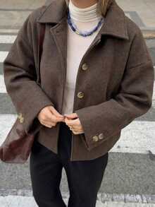 女士时尚休闲法式单排扣短款宽松领羊毛大衣 - 咖啡棕 - 查看 3