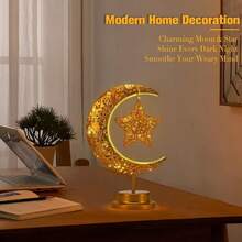 1PC Star & Moon Metal Rattan Night Light - LED Table Lamp With Golden Crescent Moon & Star Design, Perfect For Bedroom,Home, Powered By 3AA Batteries, Excluding Batteries - Entwined Vine Star and Moon Table Lamp - View 9