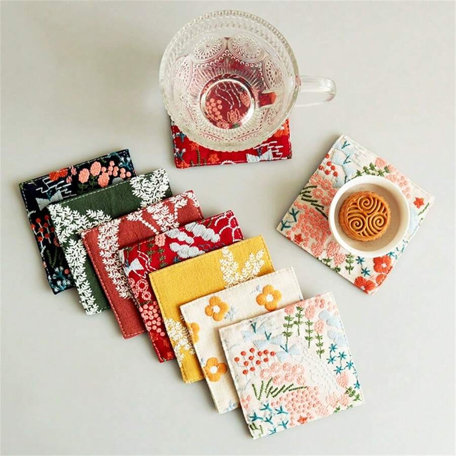 Linen Coasters, Embroidered Fabric Tea Table Coasters, Thickened Heat Insulation Coasters, Coffee Cup Mats, INS Style - Multicolor - View 1