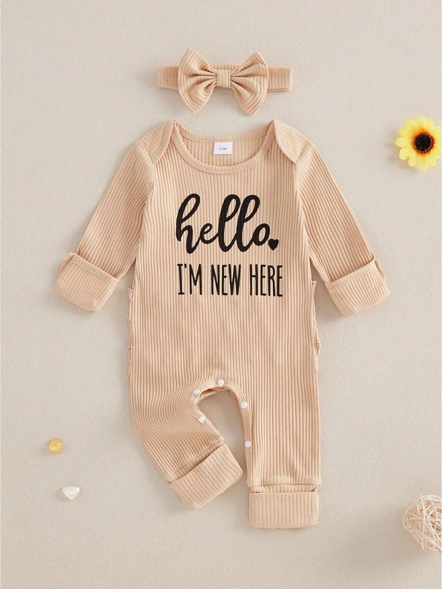 Newborn Baby Girls Rompers Knit Round Neck Long Sleeve Infant Fall Jumpsuits With Headband Coming Home Outfit - 杏色 - 查看 1