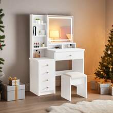 Vanity Desk Set With LED Lighted Mirror, 5 Drawers Makeup Vanity With Stool And Open Shelves, Vanity Mirror 3 Color Lighting Modes Adjustable For Bedroom, White - View 6