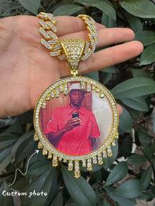 1pc Extra Large Customized Men's Hip Hop Photo Round Pendant Necklace, Brass Cubic Zirconia Shiny , Comes With 20-Inch Cuban Chain - 超大水滴相框 - 查看 1
