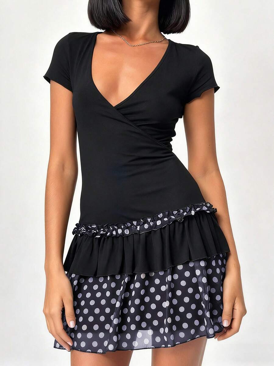 Women Dot Print Summer Dress Slim Deep V Neck Short Sleeve A-Line Mini Layered Ruffle Dresses - Blue - View 1