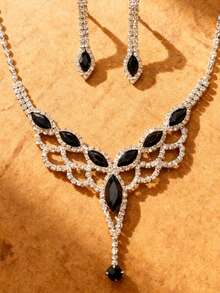 طقم مجوهرات فاخر للنساء يتكون من أقراط على شكل قطرة سوداء وقلادة شبكة ماسية، مناسب لحفلات الخطوبة والزفاف وأعياد الهالوين والكريسماس