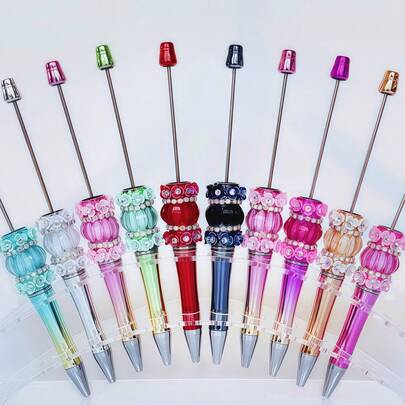 2pcs Luxury Gem-Encrusted Multicolor Flower Beaded Ballpoint Pen, DIY Stationery Focal Point