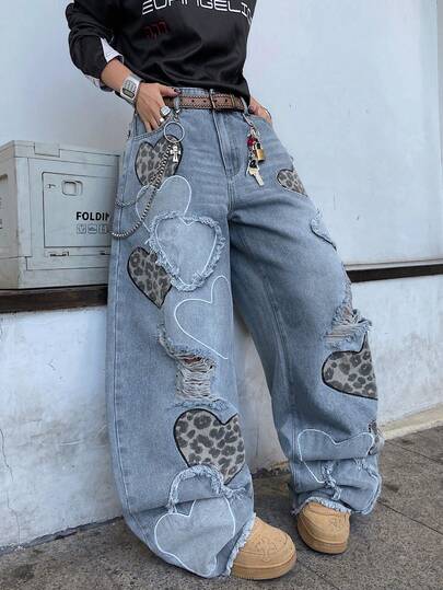 1件男士美式街头风刺绣做旧阔腿牛仔裤，宽松休闲舒适学院风毛边裤脚百搭牛仔裤（不含腰带或配饰）