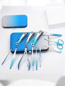 7pcs/12pcs/17pcs Ombre Ice Flower Blue Nail Clippers Set, Stainless Steel Nail Scissors, Personal Care Tools, Portable Manicure Beauty Tool Kit, Suitable For Home, Travel, Gifts - Multicolor - View 6