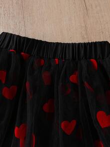 2pcs/Set Young Girl' Bubble Collar Short Sleeve Top And Heart Net Mesh Skirt Set, Spring/Summer