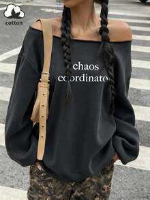 Women's Autumn And Winter Retro Letter Printing Casual Y2k Hot Girl Simple Loose Street Retro Comfortable Off-Shoulder Long-Sleeved Sweatshirt - Black - View 4