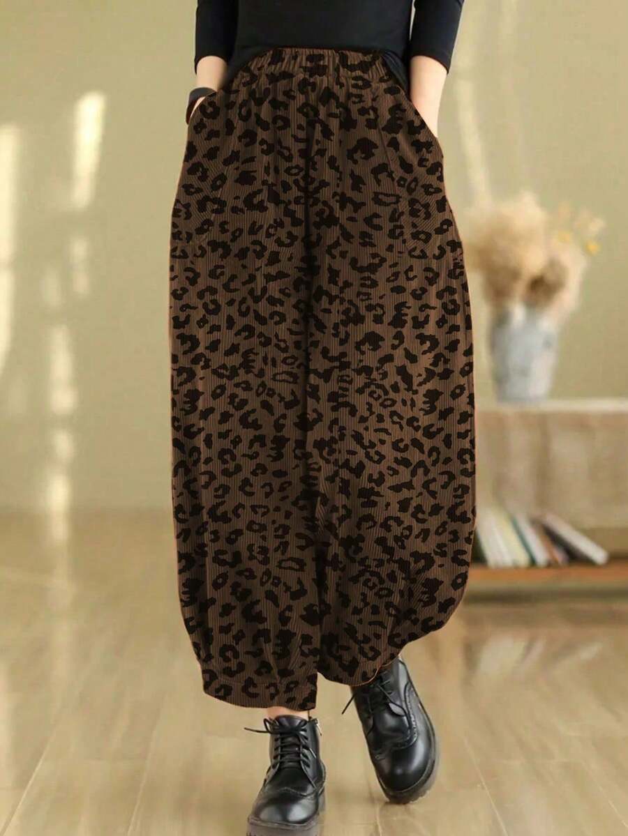 Women's Autumn/Winter Fashion Leopard Print All-Over Print Pocket Elastic Waist Loose Harem Pants, Casual Fashion Comfortable