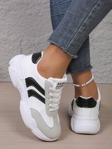 女士休闲运动鞋，新款春秋季真皮鞋面厚底低帮系带圆头户外休闲运动休闲白色鞋 - 黑色 - 查看 4