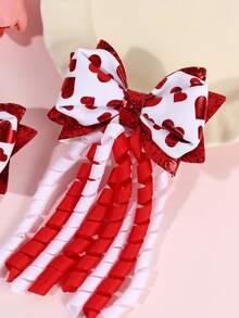 2个情人节快乐女孩发夹，闪亮心形印花粉色发夹，卷边流苏鸭嘴夹，派对发卡，青少年发饰 - 彩色 - 查看 3