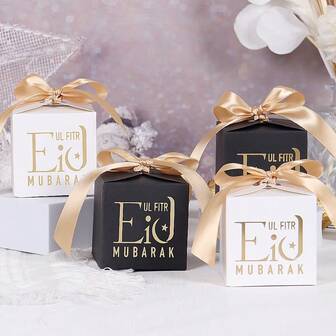 10个装开斋节快乐金色字体双色方形礼盒，饰以缎带蝴蝶结——非常适合盛放巧克力、节日糖果和小型开斋节礼物，是开斋节庆祝活动、友好送礼和派对回礼的完美之选。